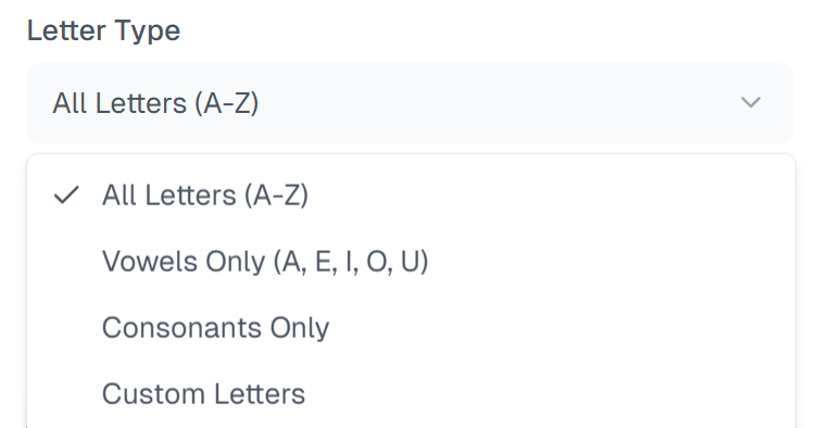 Select Letter Type in Random Letter Generator